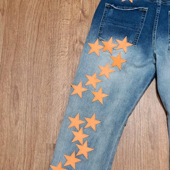 DD2 Faux Leather Orange Applique Star Distressed Denim Men's Size 30 - Picture 9 of 10